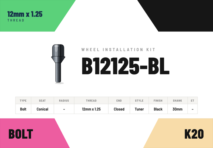 Lug Bolts — 12mm × 1.25 Conical · Tuner · Black · 30mm shank · Kit of 20