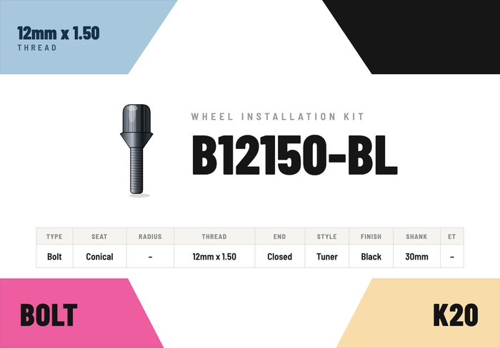 Lug Bolts — 12mm × 1.50 Conical · Tuner · Black · 30mm shank · Kit of 20