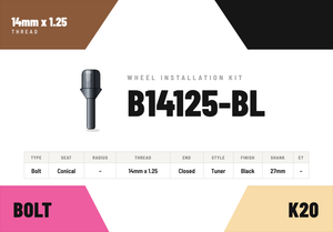 Lug Bolts — 14mm × 1.25 Conical · Tuner · Black · 27mm shank · Kit of 20