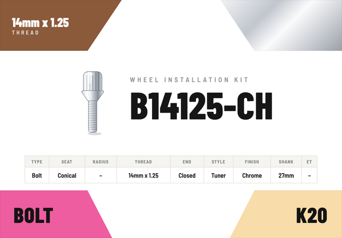 Lug Bolts — 14mm × 1.25 Conical · Tuner · Chrome · 27mm shank · Kit of 20