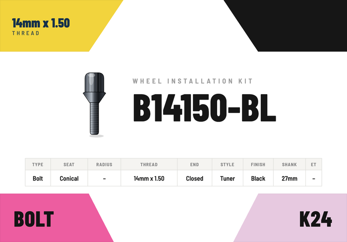 Lug Bolts — 14mm × 1.50 Conical · Tuner · Black · 27mm shank · Kit of 24