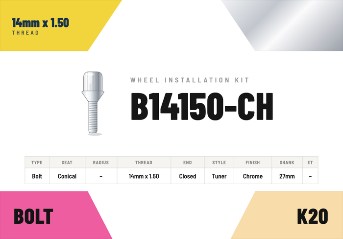 Lug Bolts — 14mm × 1.50 Conical · Tuner · Chrome · 27mm shank · Kit of 20