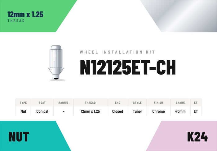 Lug Nuts — 12mm × 1.25 Conical · Tuner · Chrome · Extended Thread 40mm · Kit of 24