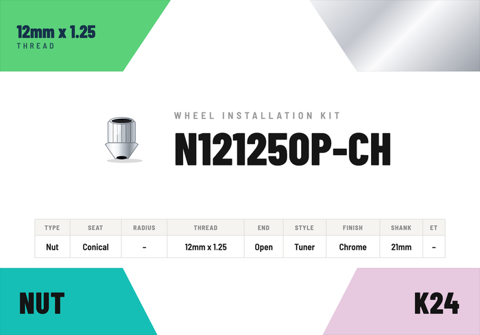 Lug Nuts — 12mm × 1.25 Conical · Tuner · Chrome · Open End · 21mm shank · Kit of 24