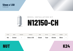 Lug Nuts — 12mm × 1.50 Conical · Tuner · Chrome · 36mm shank · Kit of 24