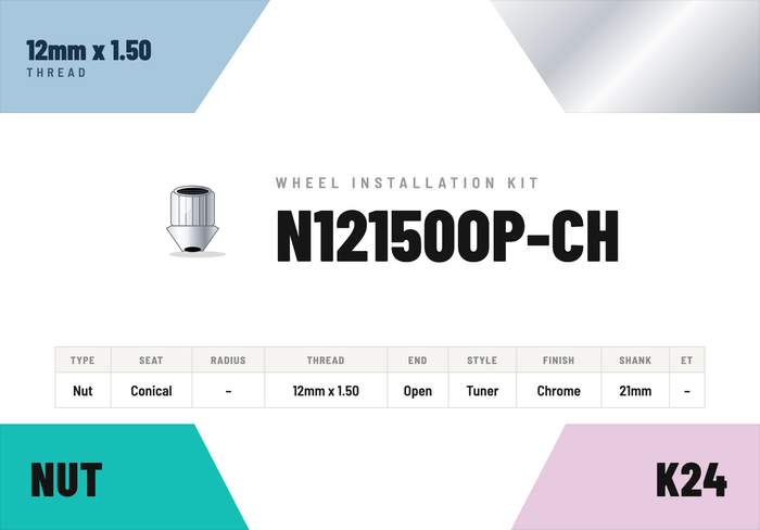 Lug Nuts — 12mm × 1.50 Conical · Tuner · Chrome · Open End · 21mm shank · Kit of 24