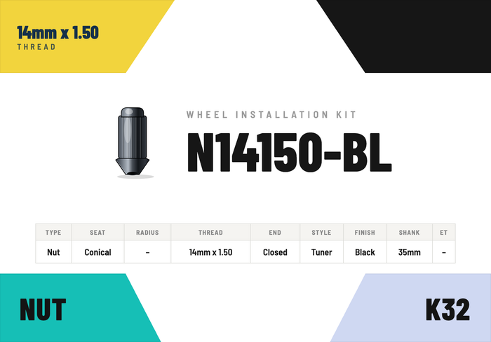 Lug Nuts — 14mm × 1.50 Conical · Tuner · Black · 35mm shank · Kit of 32