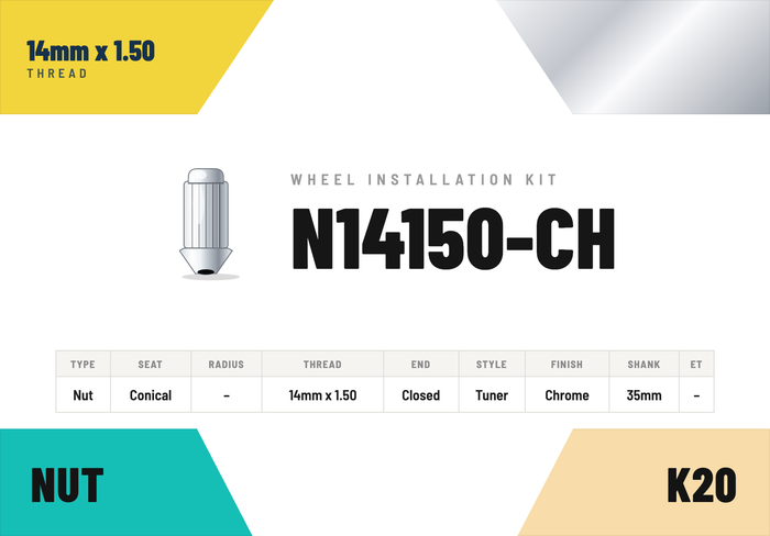 Lug Nuts — 14mm × 1.50 Conical · Tuner · Chrome · 35mm shank · Kit of 20
