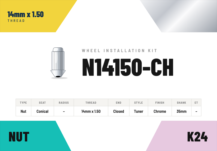 Lug Nuts — 14mm × 1.50 Conical · Tuner · Chrome · 35mm shank · Kit of 24