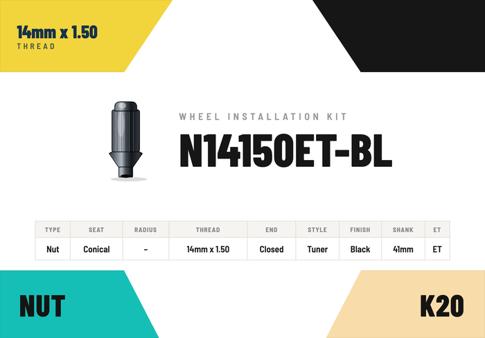 Lug Nuts — 14mm × 1.50 Conical · Tuner · Black · Extended Thread 41mm · Kit of 20