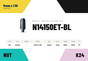 Lug Nuts — 14mm × 1.50 Conical · Tuner · Black · Extended Thread 41mm · Kit of 24