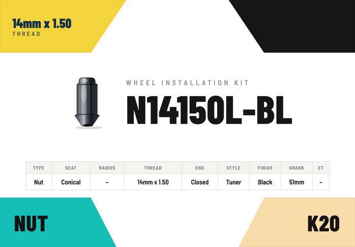 Lug Nuts — 14mm × 1.50 Conical · Tuner · Black · 51mm shank · Kit of 20