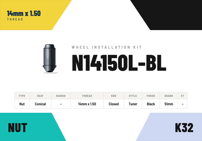Lug Nuts — 14mm × 1.50 Conical · Tuner · Black · 51mm shank · Kit of 32