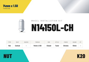 Lug Nuts — 14mm × 1.50 Conical · Tuner · Chrome · 51mm shank · Kit of 20