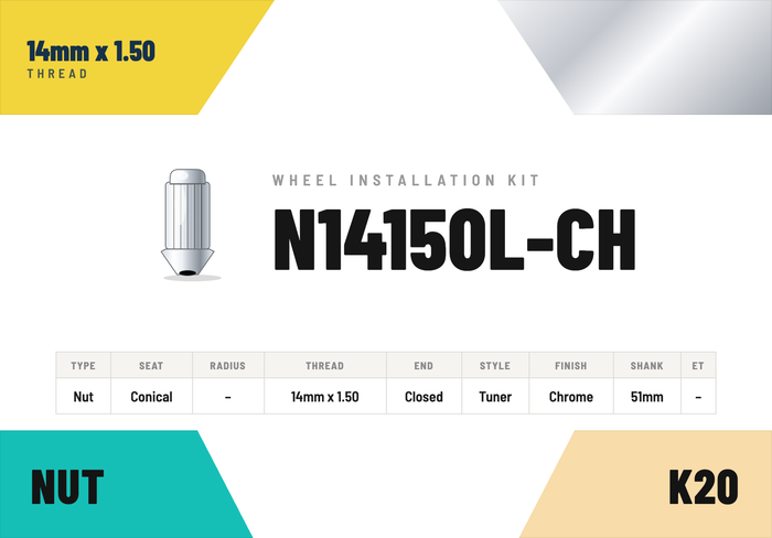 Lug Nuts — 14mm × 1.50 Conical · Tuner · Chrome · 51mm shank · Kit of 20