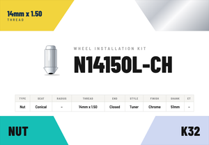 Lug Nuts — 14mm × 1.50 Conical · Tuner · Chrome · 51mm shank · Kit of 32