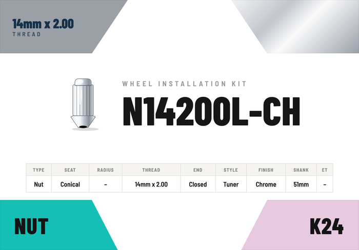 Lug Nuts — 14mm × 2.00 Conical · Tuner · Chrome · 51mm shank · Kit of 24