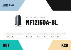 Lug Nuts — 12mm × 1.50 Flat · Acorn · Black · 35mm shank · Kit of 20