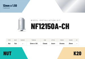 Lug Nuts — 12mm × 1.50 Flat · Acorn · Chrome · 35mm shank · Kit of 20