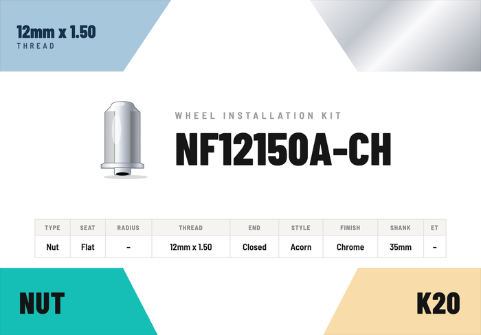 Lug Nuts — 12mm × 1.50 Flat · Acorn · Chrome · 35mm shank · Kit of 20