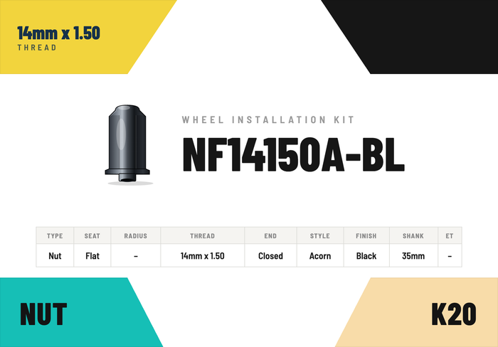 Lug Nuts — 14mm × 1.50 Flat · Acorn · Black · 35mm shank · Kit of 20