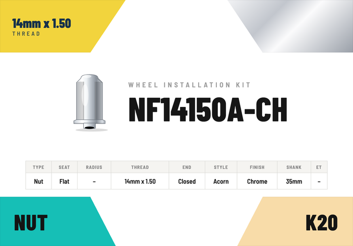 Lug Nuts — 14mm × 1.50 Flat · Acorn · Chrome · 35mm shank · Kit of 20