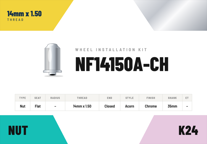 Lug Nuts — 14mm × 1.50 Flat · Acorn · Chrome · 35mm shank · Kit of 24