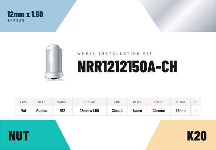 Lug Nuts — 12mm × 1.50 Radius R12 · Acorn · Chrome · 36mm shank · Kit of 20