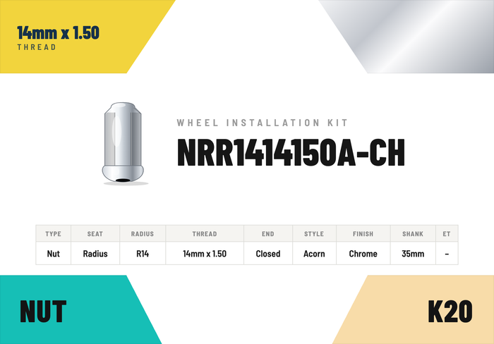 Lug Nuts — 14mm × 1.50 Radius R14 · Acorn · Chrome · 35mm shank · Kit of 20