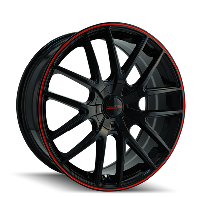 Touren - TR60 - Black - BLACK/RED RING - 16" x 7", 42 Offset, 4x108 (Bolt Pattern), 72.6mm HUB