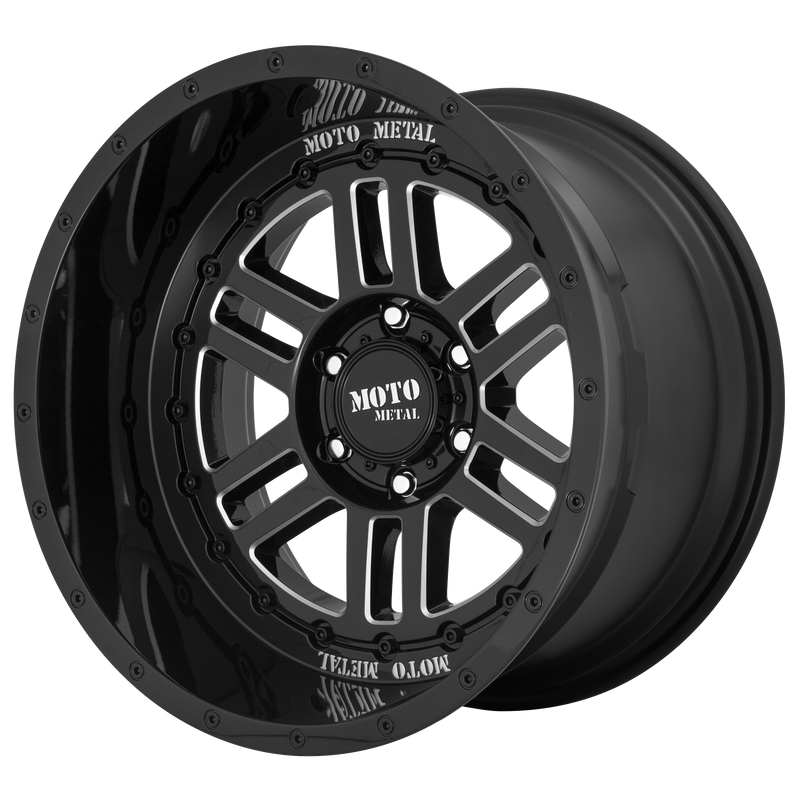 Moto Metal - MO800 DEEP SIX - Black - GLOSS BLACK MILLED - 20" x 12", -44 Offset, 5x139.7 (Bolt Pattern), 78.1mm HUB