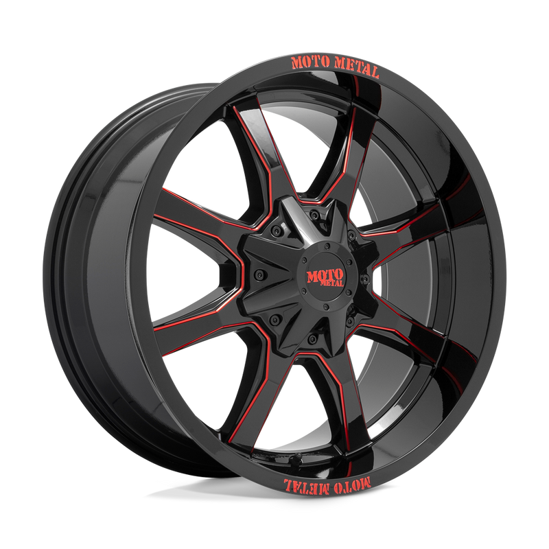 Moto Metal - MO970 - Black - GLOSS BLACK MILLED WITH RED TINT & MOTO METAL ON LIP - 20" x 10", -18 Offset, 8x165.1 (Bolt Pattern), 125.1mm HUB