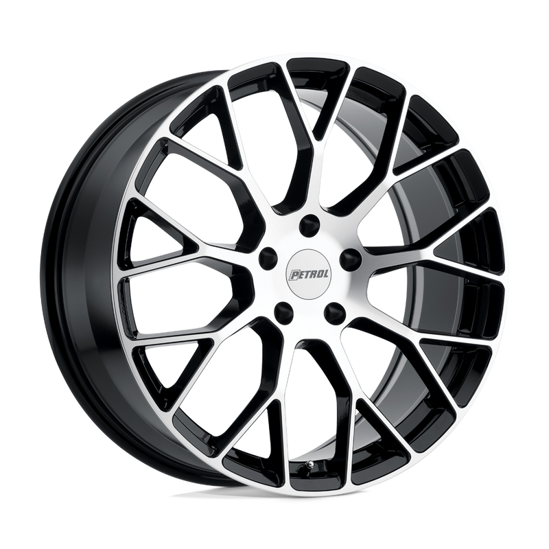Petrol Wheels - P2B - Black - GLOSS BLACK WITH MACHINED FACE - 18" x 8", 35 Offset, 5x120 (Bolt Pattern), 76.1mm HUB