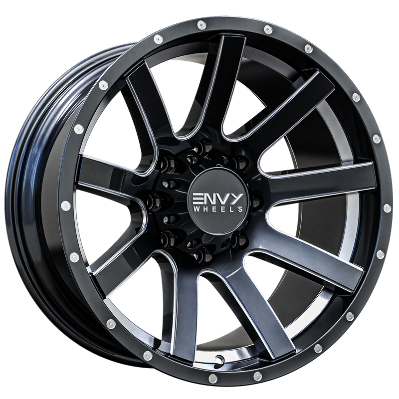 Envy Wheels - CRAZE - Gunmetal - GLOSS DARK GUN METAL / UNDERCUT / SIDE MILL / MILLED RIVETS - 20" x 10", -24 Offset, 8x170 (Bolt Pattern), 125.2mm HUB