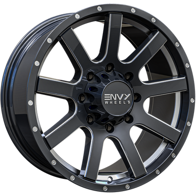 Envy Wheels - CRAZE - Gunmetal - GLOSS DARK GUN METAL / UNDERCUT / SIDE MILL / MILLED RIVETS - 18" x 9", 18 Offset, 8x165.1 (Bolt Pattern), 121.5mm HUB