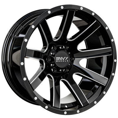 Envy Wheels - CRAZE - Black - GLOSS BLACK / SIDE MILL - 20" x 10", -24 Offset, 6x135 (Bolt Pattern), 87.1mm HUB
