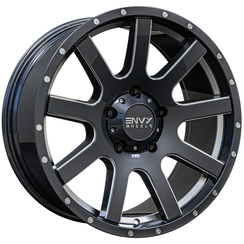 Envy Wheels - CRAZE - Gunmetal - GLOSS DARK GUN METAL / UNDERCUT / SIDE MILL / MILLED RIVETS - 20" x 9", 30 Offset, 5x150 (Bolt Pattern), 111mm HUB