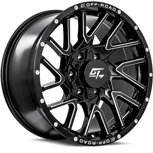 GT Off-Road - Aggression - Black - Gloss Black Milled - 18" x 9", 12 Offset, 6x135/139.7 (Bolt pattern), 106.1mm HUB