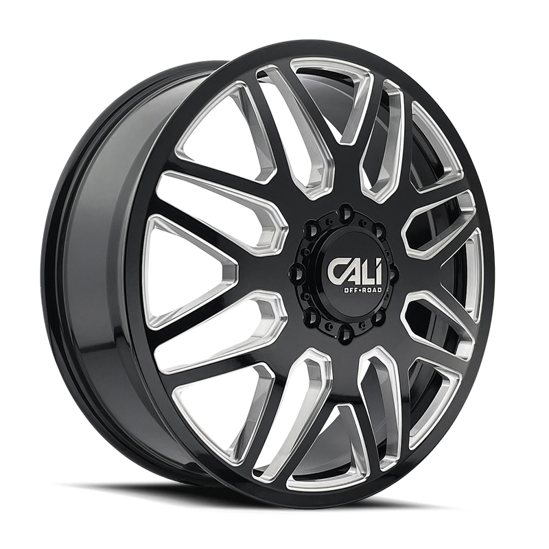 Cali Off-Road - INVADER DUALLY - Black - GLOSS BLACK/MILLED SPOKES - 22" x 8.25", 115 Offset, 8x210 (Bolt Pattern), 154.2mm HUB