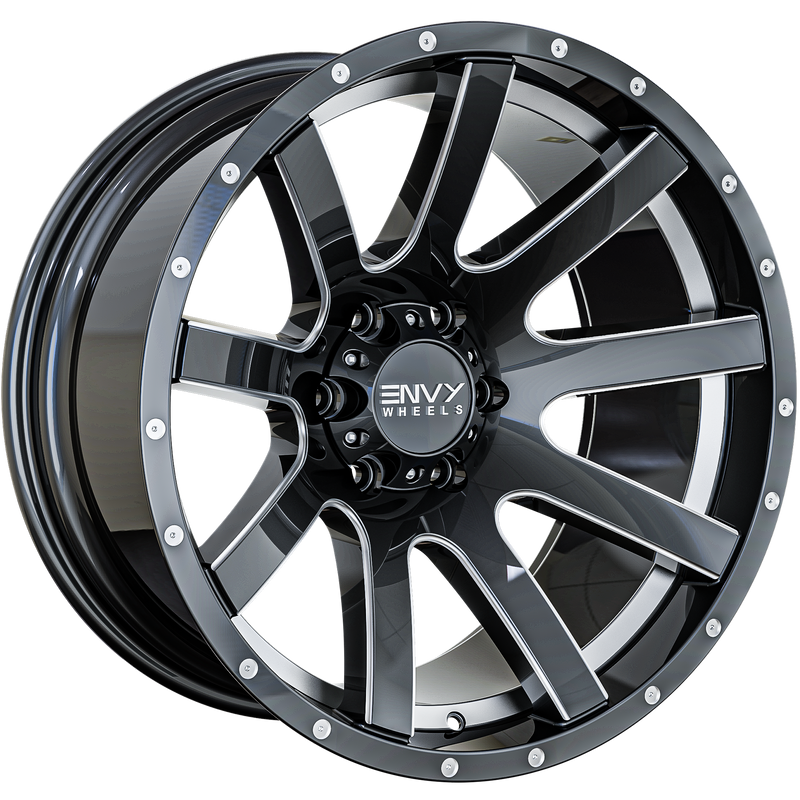 Envy Wheels - CRAZE - Gunmetal - GLOSS DARK GUN METAL / UNDERCUT / SIDE MILL / MILLED RIVETS - 20" x 10", -24 Offset, 6x135 (Bolt Pattern), 87.1mm HUB