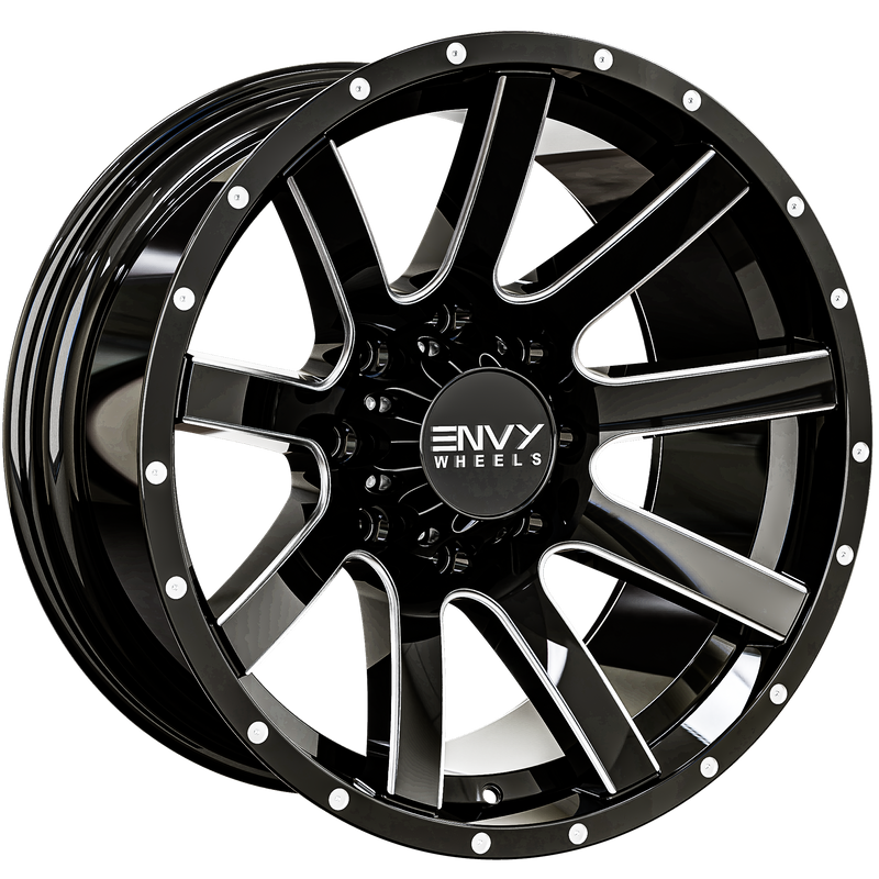 Envy Wheels - CRAZE - Black - GLOSS BLACK / SIDE MILL - 20" x 10", -24 Offset, 8x170 (Bolt Pattern), 125.2mm HUB