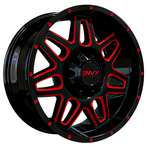 Envy Wheels - ET-2 - Black - GLOSS BLACK /  RED SIDE MILL - 20" x 9", 18 Offset, 8x180 (Bolt Pattern), 125mm HUB