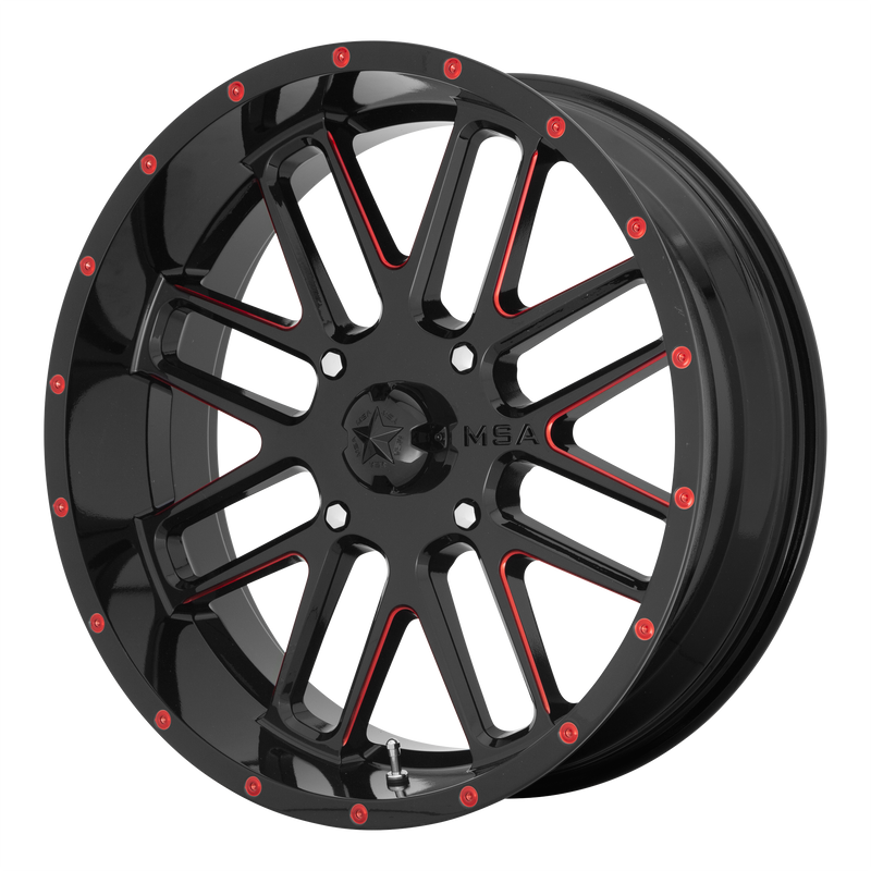 MSA Offroad Wheels - M35 BANDIT - Black - Gloss Black Milled With Red Tint - 20" x 7", 0 Offset, 4x156 (Bolt Pattern), 132mm HUB