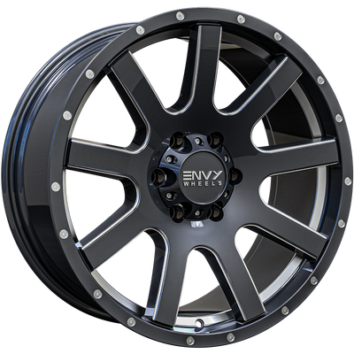 Envy Wheels - ET3 - Gunmetal - GLOSS DARK GUN METAL / UNDERCUT / SIDE MILL / MILLED RIVETS - 18" x 9", 18 Offset, 6x139.7 (Bolt Pattern), 106.1mm HUB