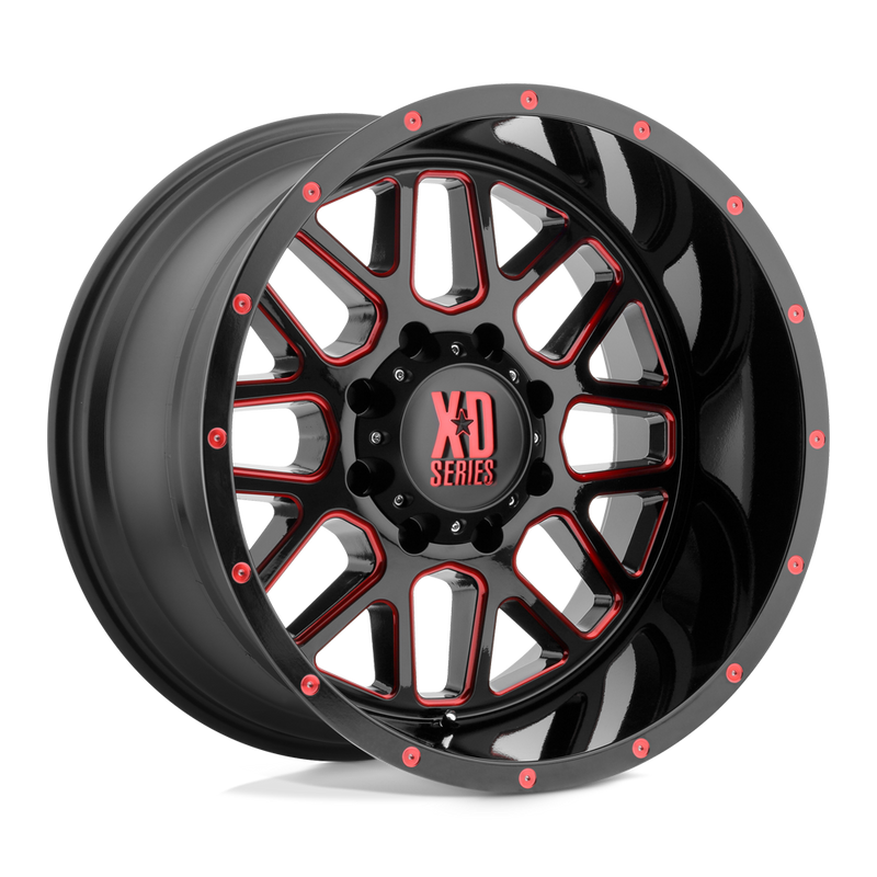 XD Series - XD820 GRENADE - Black - SATIN  BLACK MILLED WITH RED CLEAR COAT - 20" x 12", -44 Offset, 8x170 (Bolt Pattern), 125.1mm HUB