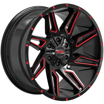 Ruffino HARD - Voodoo - Black - Gloss Black - Red Milling - 20" x 10", -12 Offset, 6x135/139.7 (Bolt Pattern), 87.1mm HUB