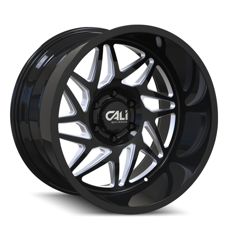 Cali Off-Road - GEMINI - Black - GLOSS BLACK/MILLED SPOKES - 22" x 12", -51 Offset, 8x165.1 (Bolt Pattern), 125.2mm HUB