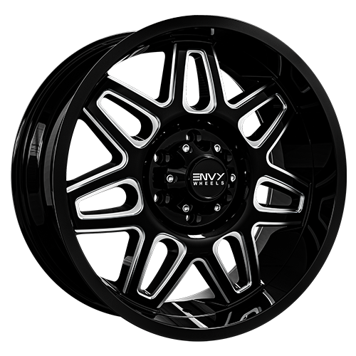 Envy Wheels - ET-2 - Black - GLOSS BLACK / SIDE MILL - 20" x 9", 18 Offset, 6x135 (Bolt Pattern), 87.1mm HUB