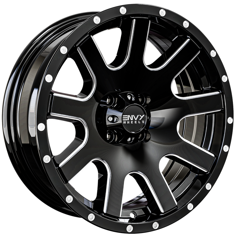 Envy Wheels - ET-3T - Black - GLOSS BLACK / SIDE MILL /  MILLED RIVETS - 12" x 4", -3 Offset, 4x101.6 (Bolt Pattern), 71.7mm HUB