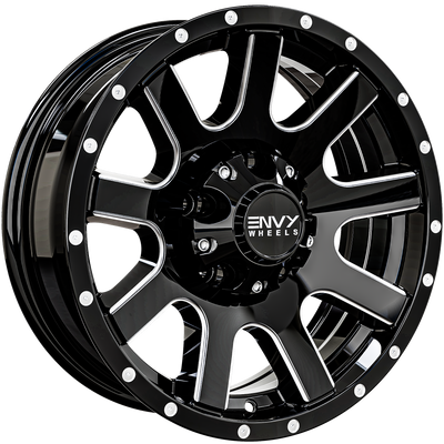 Envy Wheels - ET-3T - Black - GLOSS BLACK / SIDE MILL /  MILLED RIVETS - 13" x 4.5", -3 Offset, 5x114.3 (Bolt Pattern), 84mm HUB